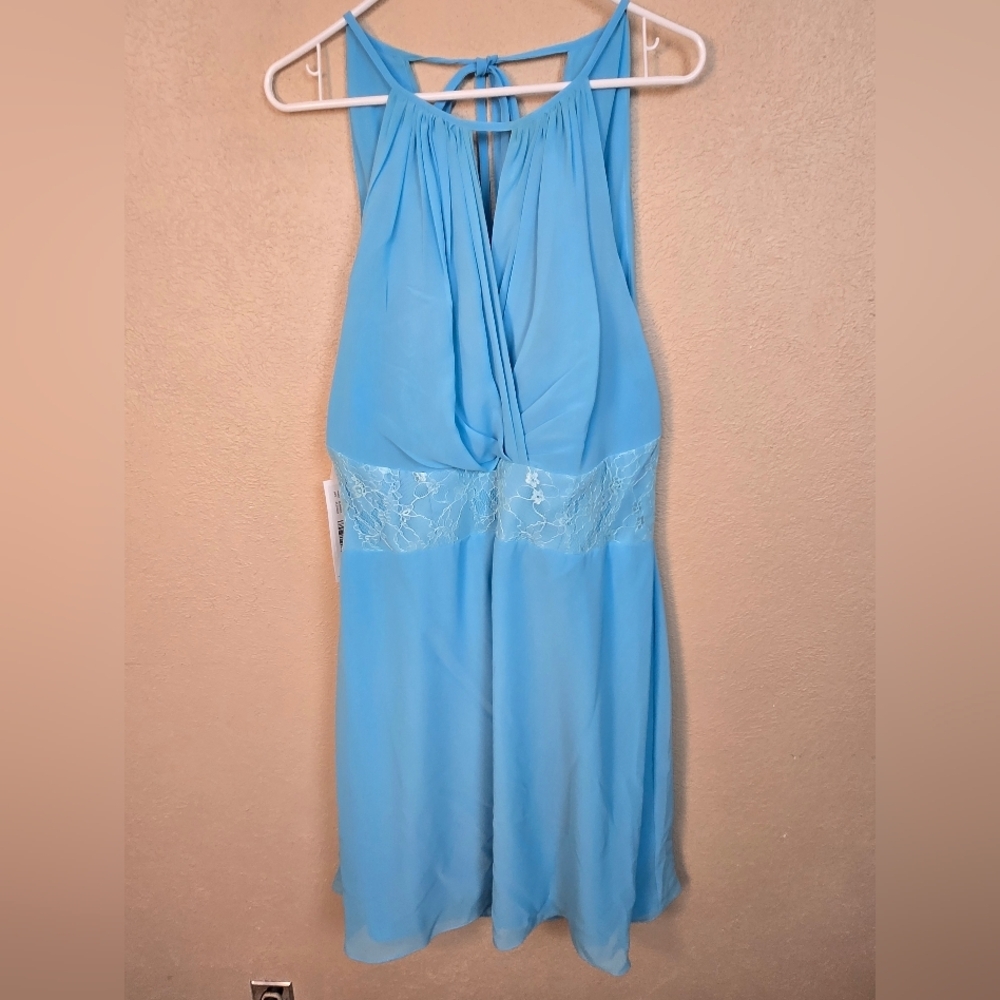 Azazie Sky Blue Karen Chiffon Dress Bridesmaid Lace Size 16 NWT (6186)